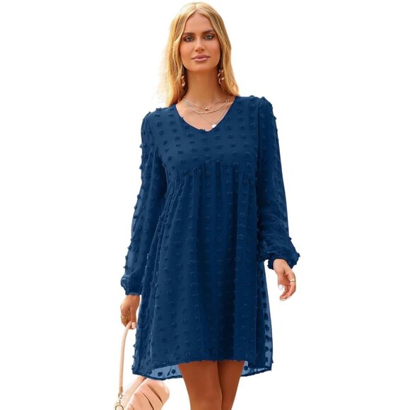 2 Swiss Dot Chiffon V-Neck Dresses Long Sleeve & Short Sleeve - Picture 1 of 13